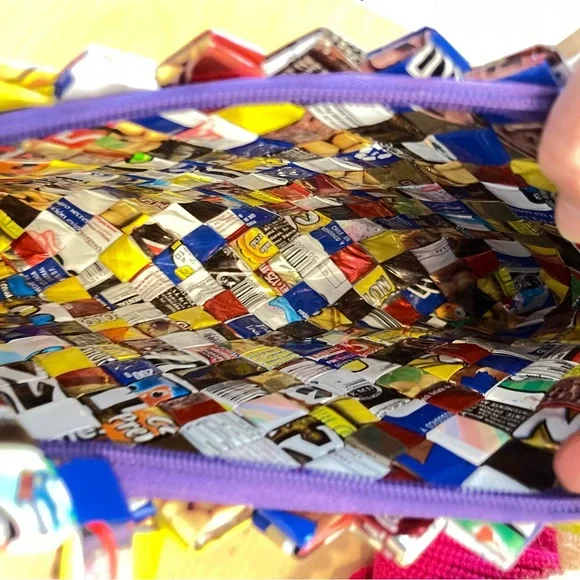 Vintage Y2K Candy Wrapper Purse Recycled Spanish Language Text Multicolor - Picture 3 of 5